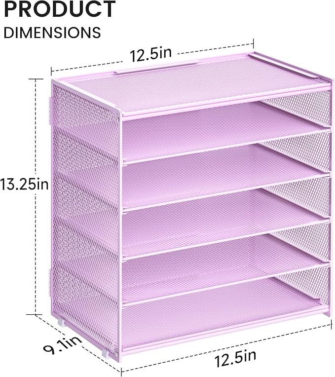 6 Tier Paper Organizer, Metal Mesh Desk File Organizer, Letter Tray Organizer, Paper Sorter Desk Organizer for Office, Home or School File Folder Holder - Purple