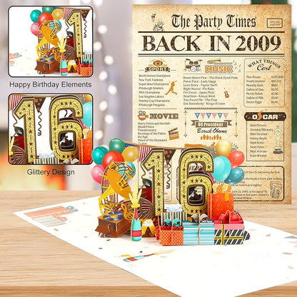 16th Birthday Card for Girls Boys, 3D Pop Up 16th Birthday Gifts Cards, Happy 16 Birthdays Decorations for 16 Year Old Son Daughter, Funny Back In 2009, Classy Vintage