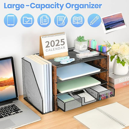 Desk Organizers and Accessories, Desk Accessories & Workspace Organizers for Office Supplies, File Organizer Desk Drawer Organizer with 2 Pen Holders, 4 Tier Paper Organizer for Desk(Wood)
