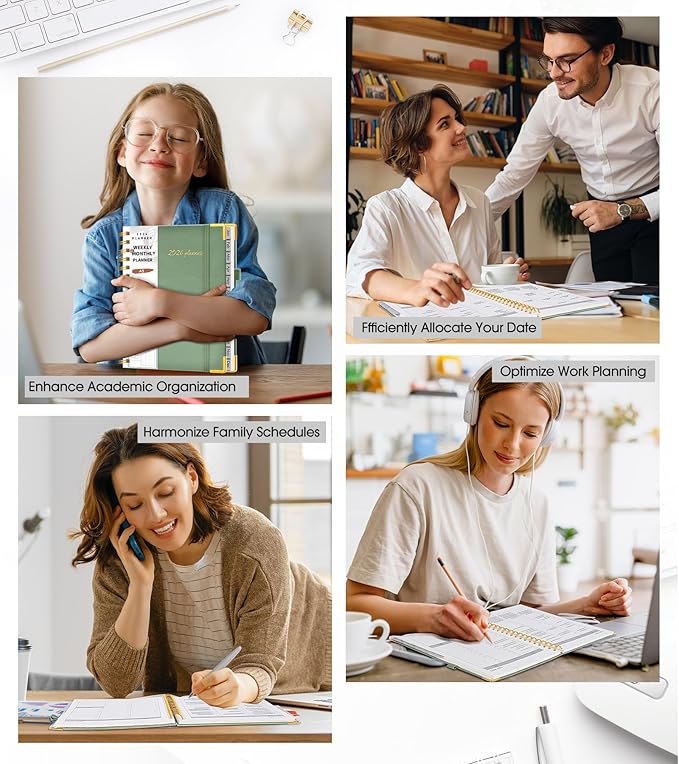 2026 Planner, Weekly and Monthly Calendar Planner from January 2026 - December 2026, 5.75" x 8.38" Hardcover Leather Hourly Appointment Book with Tabs, A5 Spiral Daily Planners for College School Work Home, Green