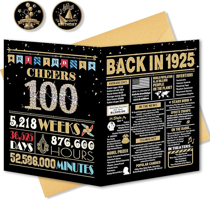 100th Birthday Card, 100th Birthday Decorations for Men Women, 100th Birthday Gifts for Grandma Grandpa, Back in 1925 Birthday Card, Black Gold