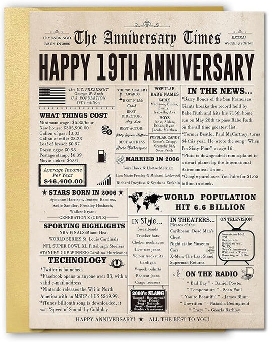 Retro 19 Years Anniversary Card for Women Men, Large 19th Marriage Anniversary Card for Husband Wife Couple, Jumbo 19th Anniversary Cards for Parents