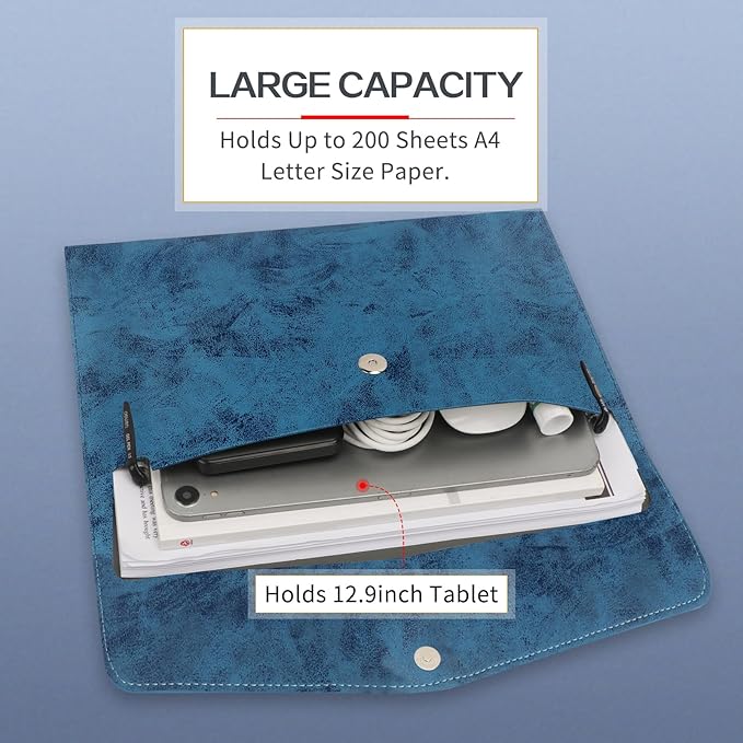 Toplive Document File Folder, Waterproof Thin PU Leather A4 Envelope Folder File Document Organizer Storage Case, Filing Envelope Folder with Magnetic Closure, Ash Blue