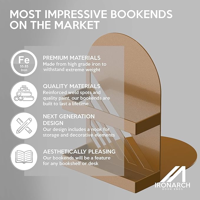 Iron Arch Modern and Decorative Bookends for Heavy Books, 200% Stronger & Heavier Than The Average Bookends, Large Bookends with Matching Bonus Storage Cup (Sahara Gold)