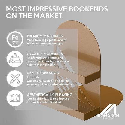 Iron Arch Modern and Decorative Bookends for Heavy Books, 200% Stronger & Heavier Than The Average Bookends, Large Bookends with Matching Bonus Storage Cup (Sahara Gold)