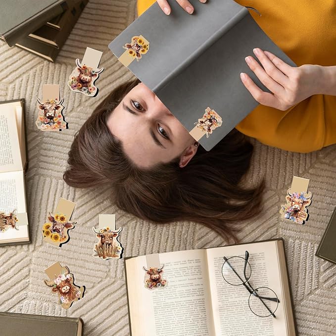 Highland Cow Magnetic Bookmark - 6 Pcs Funny Animal Book Mark Magnets Cute Cow Bookmarks Magnetic Floral Magnets Bookmark Page Clip Gift for Book Lovers Students Teacher Reading Book Marks