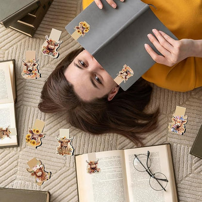 Highland Cow Magnetic Bookmark - 6 Pcs Funny Animal Book Mark Magnets Cute Cow Bookmarks Magnetic Floral Magnets Bookmark Page Clip Gift for Book Lovers Students Teacher Reading Book Marks