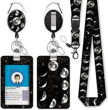 Moon Planet Teacher Lanyards for Id Badges and Keys, Retractable ID Badge Holder with Detachable Lanyard, Fashionable Badge Reel Heavy Duty with Carabiner Clip, Nurse Student Office Gifts