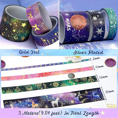 52 Rolls Washi Tape Set, Gold Foil Galaxy Washi Tape for Journaling Supplies, 4 Size Washi Tapes for Scrapbooking, DIY Journal Set, Craft, Gift Wrapping, Painting