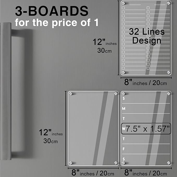 Acrylic Magnetic Dry Erase Board for Fridge 3 Pcs, Clear Fridge Whiteboard to Do List White Board for Refrigerator Weekly Meal Planner Menu Board for Kitchen Fridge Calendar Magnet