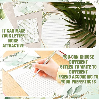 TaoBary 160 Packs Stationery Paper Set (50 Double Sided Stationery Writing Papers 50 Matching Envelopes) 60 Round Dot Sticker, 10 Design (8.5 x 11 Inch,Green Leaves)