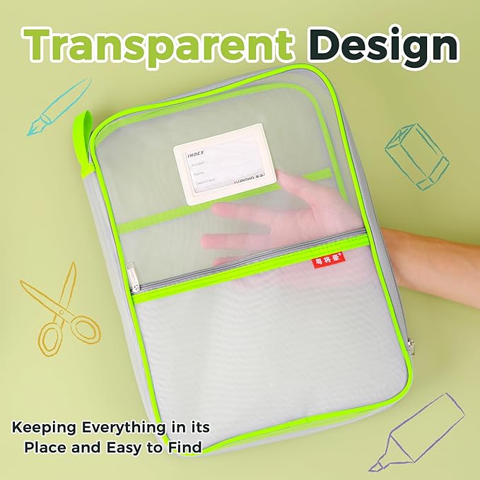 Pendancy Mesh Zipper Pouch 14.8x10.8 in Transparent Lightweight Nylon File Folders, A4 Size Multi-Layer Subject Document Organizer Accessories Storage Bag for Office and School Supplies(Yellow)