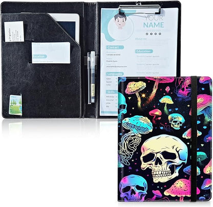 Padfolio Folder with Clipboard,Portfolios Organizer Clipboards with Storage Clipboard Writing Pad PU Leather Conference Document Organizer with Business Card Holder,Mushroom Skull