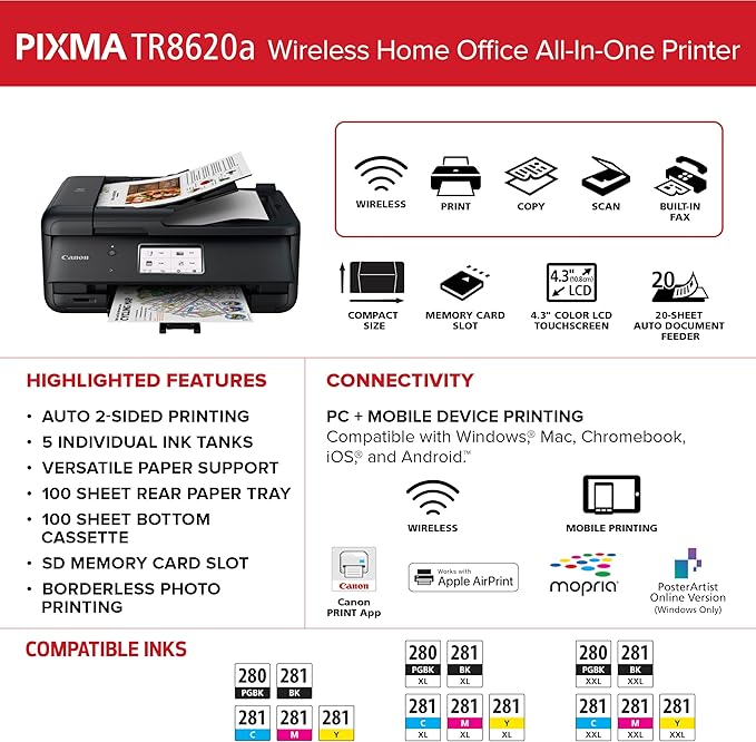 Canon PIXMA TR8620a - All-in-One Printer Home Office|Copier|Scanner|Fax|Auto Document Feeder | Photo, Document | Airprint (R), Android, Black, Works with Alexa