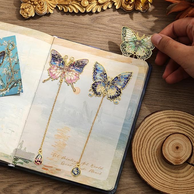 6 Pieces Metal Butterfly Bookmarks with Chain, Golden Hollow Bookmark Monet Van Gogh Oil Painting Theme Book Mark Bookmarks for Book Lovers Writers Readers Children Teens for Women