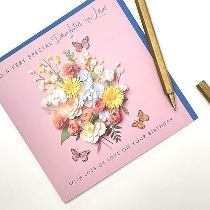 Old English Co. Special Daughter-in-law Birthday Card for Her - Pink Flower Butterfly Artwork Birthday Card - Cute Daughter-in-law Birthday Card | Blank Inside Envelope