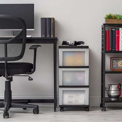 IRIS USA Plastic Drawer Storage Organizer Rolling Cart, with Wheels Casters, 3-Drawers, for Classroom Art Craft Supplies Dresser Closet Bathroom Dorm Bedroom Laundry Room, Black/ Pearl