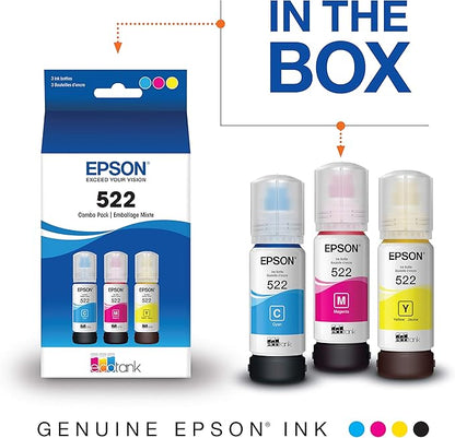 Epson EcoTank Pro ET-5850 Wireless Color All-in-One Supertank Printer, White & T522 EcoTank Ink Ultra-high Capacity Bottle Color Combo Pack (T522520-S)