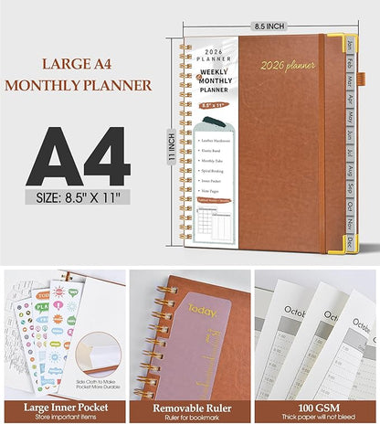 2026 Planner, Weekly and Monthly Calendar Planner from January 2026 - December 2026, 8.5" x 11" Hardcover Leather Hourly Appointment Book with Tabs, Spiral Daily Planners for College School Work Home, Brown