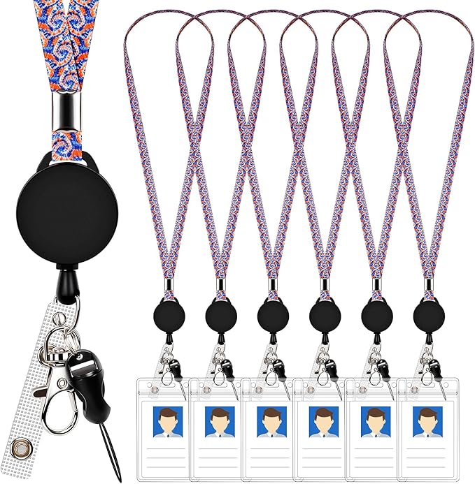 6 Pack Retractable Badge Lanyards and ID Badge Holder, Strap Lanyard with Swivel Metal Clasp for Badge Holders, Keychains, Offices, Staff, Students, Employees, Paisley Blue