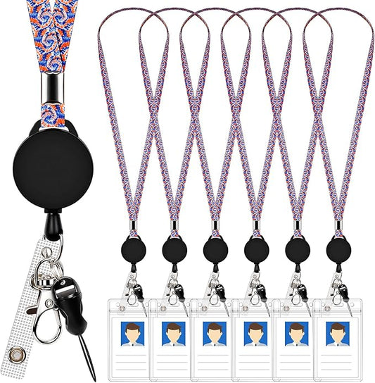 6 Pack Retractable Badge Lanyards and ID Badge Holder, Strap Lanyard with Swivel Metal Clasp for Badge Holders, Keychains, Offices, Staff, Students, Employees, Paisley Blue