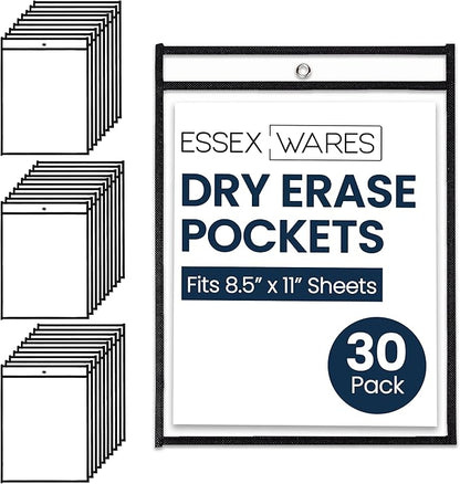 30 Pack, Black, Dry Erase Pocket Document Protectors, 10" Wide x 13.5" Tall - Dry Erase Clear Plastic Sleeves - Reusable & Easy Erase Plastic Invoice Holders, Water-Resistant & Durable