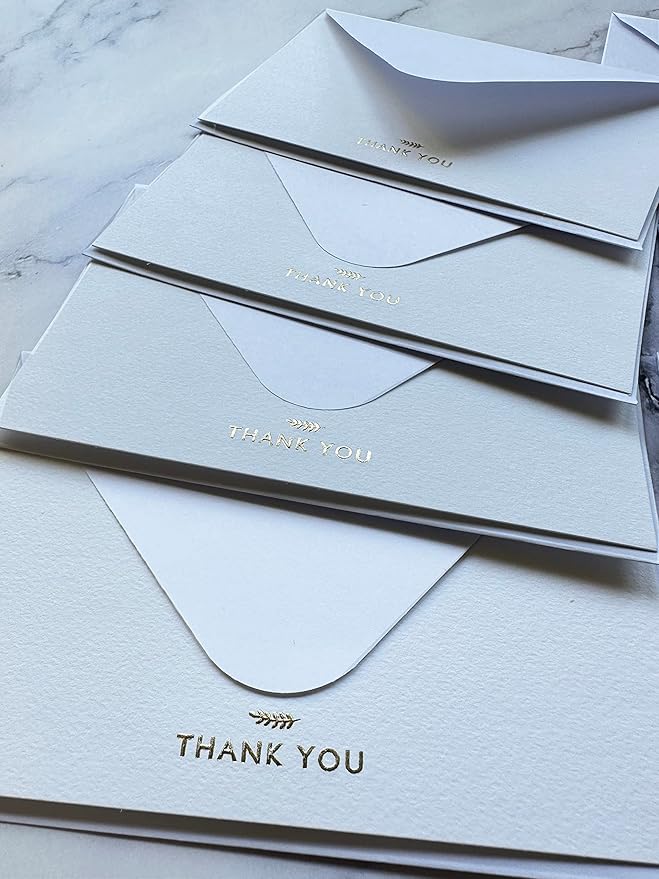 RUN2PRINT (36 Pack) Thank You Cards With Envelopes & Gift of 36 Foiled Stickers - Elegant Emboss Rose Gold Foil Pressed Blank Notes Wedding All Occasion Cards (White)