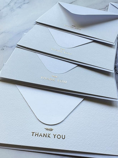 RUN2PRINT (36 Pack) Thank You Cards With Envelopes & Gift of 36 Foiled Stickers - Elegant Emboss Rose Gold Foil Pressed Blank Notes Wedding All Occasion Cards (White)