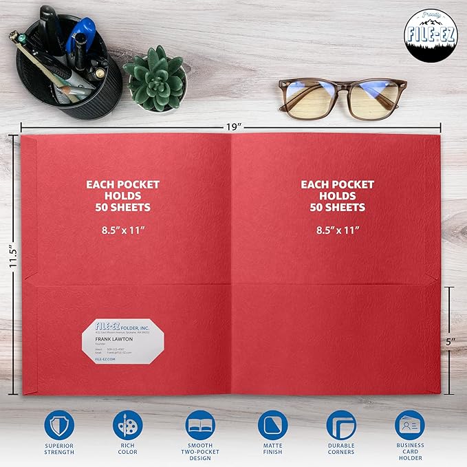 FILE-EZ Two-Pocket Folders, Red, 25-Pack, Textured Paper, Letter Size (EZ-32558)