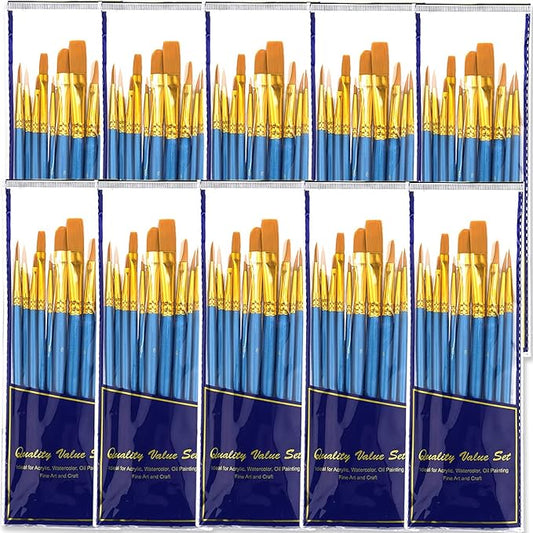 BOSOBO Paint Brush Sets, 10 Pack 100 Pcs Pointed-Round Tip Paintbrushes Nylon Hair Artist Acrylic Paint Brushes for Acrylic Watercolor Oil, Face Art, Model, Miniature Detailing & Rock Painting, Blue