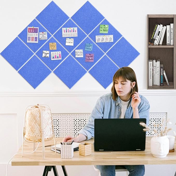 DOLLAR BOSS Large Cork Board for Wall 48" x 36" x 0.5" Bulletin Board 12 Packs Black Cork Board Tiles Self Adhesive Felt Wall Tiles with Pushpins, Corkboard for Office Pin Board Tack Board, Blue