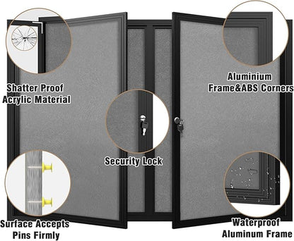 48"x34" Enclosed Bulletin Board, Outdoor Lockable Weather-Resistant Aluminum Cork Noticeboard for School & Office, Black Frame w/Grey Flet