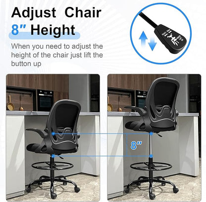 Primy Drafting Chair Tall Office Chair with Flip-up Armrests Executive Ergonomic Computer Standing Desk Chair with Lumbar Support and Adjustable Footrest Ring (Black)