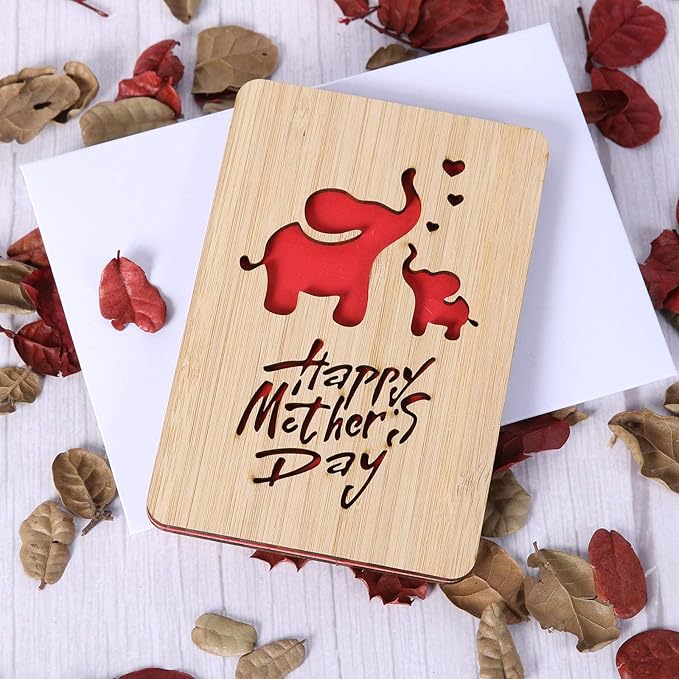 Mothers Day Cards,Handmade Bamboo Greeting Cards,Wooden Thankyou Card,Wooden Birthday Card for Mom,Mum Birthday Gift,Elephant pattern