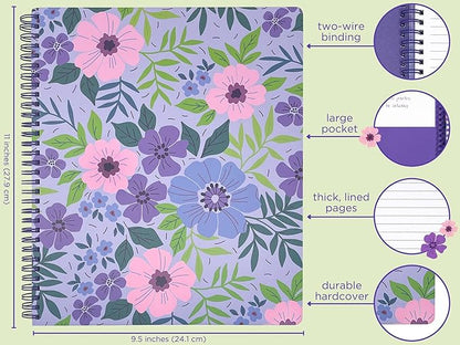 Steel Mill & Co Cute Large Spiral Notebook College Ruled, 11" x 9.5" with Durable Hardcover and 160 Lined Pages, Lilac Floral