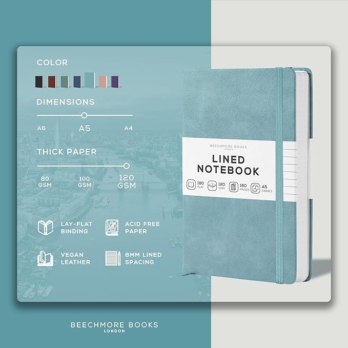 BEECHMORE BOOKS Lined Journal Notebook, 5.8 x 8.3 inch, A5 160 Lined Pages, Hardcover Leather Journals for Women, Men, Writing and Notebooks for Work - 120 GSM Thick Paper, Gifts Box Included