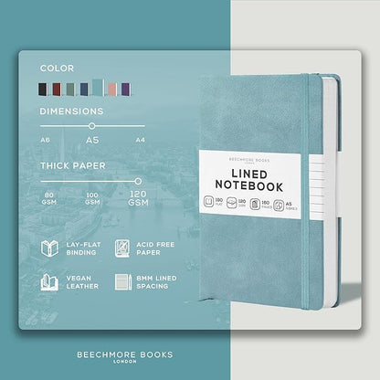 BEECHMORE BOOKS Lined Journal Notebook, 5.8 x 8.3 inch, A5 160 Lined Pages, Hardcover Leather Journals for Women, Men, Writing and Notebooks for Work - 120 GSM Thick Paper, Gifts Box Included