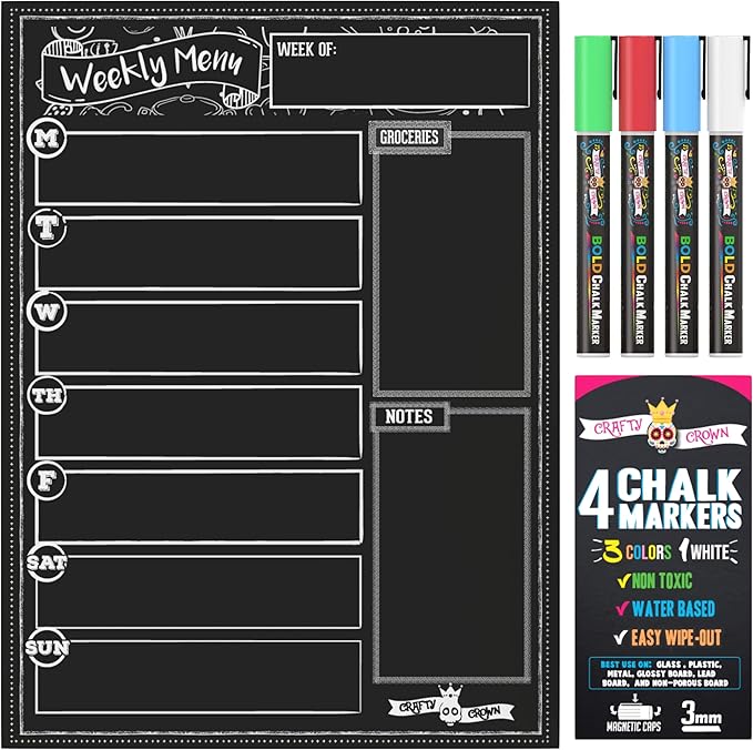 CHALKY CROWN Magnetic Dry Erase Menu Board for Fridge Includes 4 Liquid Chalk Markers - Weekly Meal Planner Blackboard, Grocery List & Notepad for Kitchen Refrigerator - Chalkboard Magnet