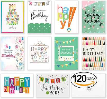 120 Happy Birthday Cards for Office, Business and Personal Use with Short Generic Message Inside, Assorted Greeting Notes Bulk with Envelopes and Stickers 4x6 Inch