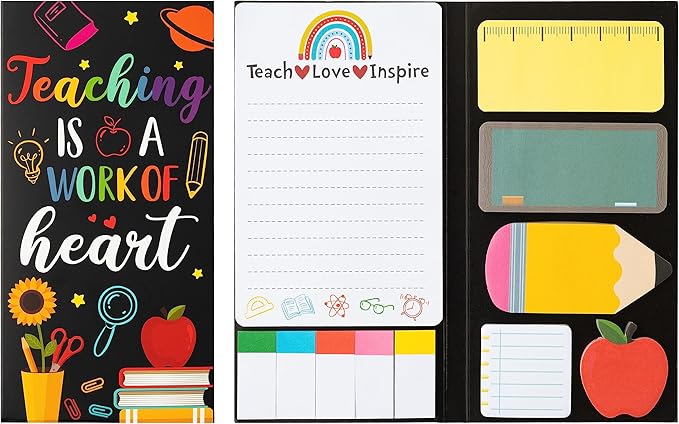 Teaching is A Work of Heart Sticky Notes Set 550 Sheets Pencil Apple Shape Self-Stick Note Pads Teacher Appreciation Gift Writing Memo Pads Page Marker Back to School Office Supplies (Black)