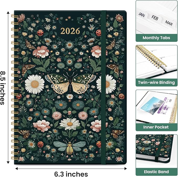 2026 Planner, Aesthetic Weekly and Monthly Planner for Women, Jan 2026 to Dec 2026, Hardcover 2026 Calendar Book with Monthly Tabs, Inner Pocket, Perfect for Office Home School - A5 (6.3" x 8.5"), Insects in Blooms