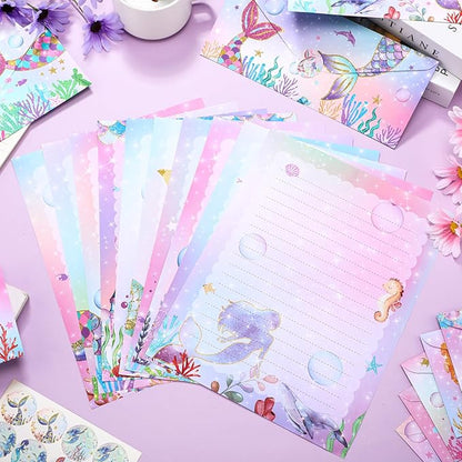 TaoBary 160 Packs Stationery Paper Set (50 Double Sided Stationery Writing Papers 50 Matching Envelopes) 60 Round Dot Sticker, 10 Design(Mermaid,8.5 x 11 Inch)