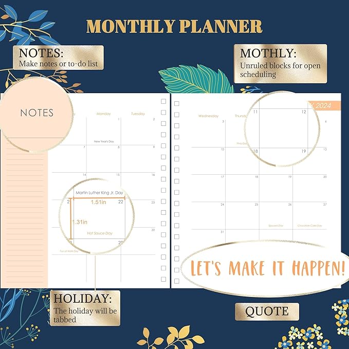 2025 Hardcover Planner Weekly and Monthly, Dec 2024–Dec 2025, Large Spiral Bound Planners 2025 for Women Gifts, 8.3" x 9.3",13 Month Calendar with 13 Tabs, 3 Sticker Sheets, Blue