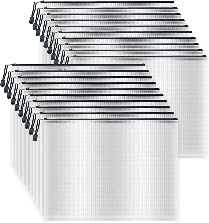 AUSTARK 20 Pcs Zipper File Bags, Plastic Mesh Pouch, Board Game Storage, Waterproof Bags for Office School (B4 Size 15''x11'', White and Black)