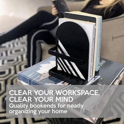 Iron Arch Modern and Decorative Bookends for Heavy Books, 200% Stronger & Heavier Than The Average Bookends, Large Bookends with Matching Bonus Storage Cup (Carbon Black)