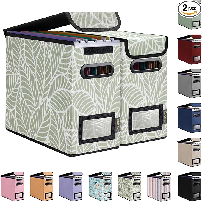 BALEINE File Organizer Box with Lid, Collapsible File Folder Organizer with Plastic Slide, Hanging File Folder Box for Office Document Storage (2 Pack, Antique Foliage, S)