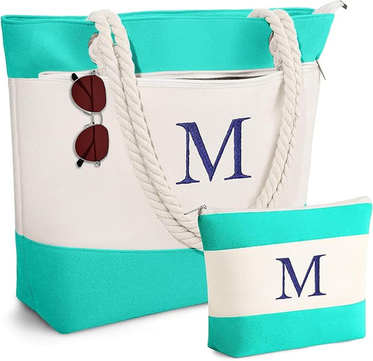 YOOLIFE Christmas Gifts for Women - Initial Canvas Tote Bag & Makeup Bag, Birthday Gifts for Women Mom Teacher Friend Sister