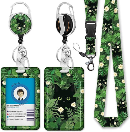 Giancomics Lanyards for Id Badges, Black Cat ID Badge Holder with Lanyard Badge Reel Retractable, Plant Lanyard with ID Holder Keychain Clip Name Tag Cute ID Card Holder for Teacher Women Work Office