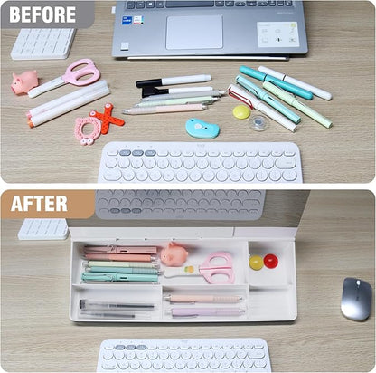 SELEAD Desktop Glass Whiteboard with Organizer & Built-in Mirror, Small Dry Erase White Board Computer Pad Keyboard Stand for Home, School, Office Desk Accessories - White