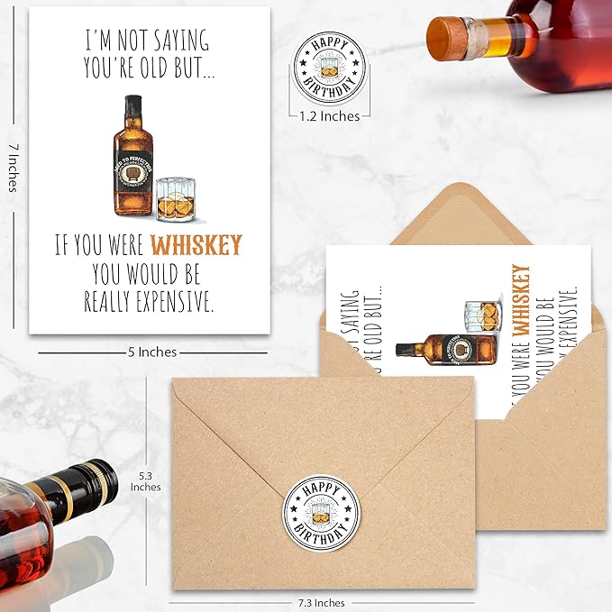 Funny Birthday Card for Men, Husband, Him, Boyfriend, Humorous Bday Gifts For 40th 50th 60th 70th 80th, Whiskey Greeting Birthday Card Premium Quality Cardstock, Kraft Envelope & Sticker